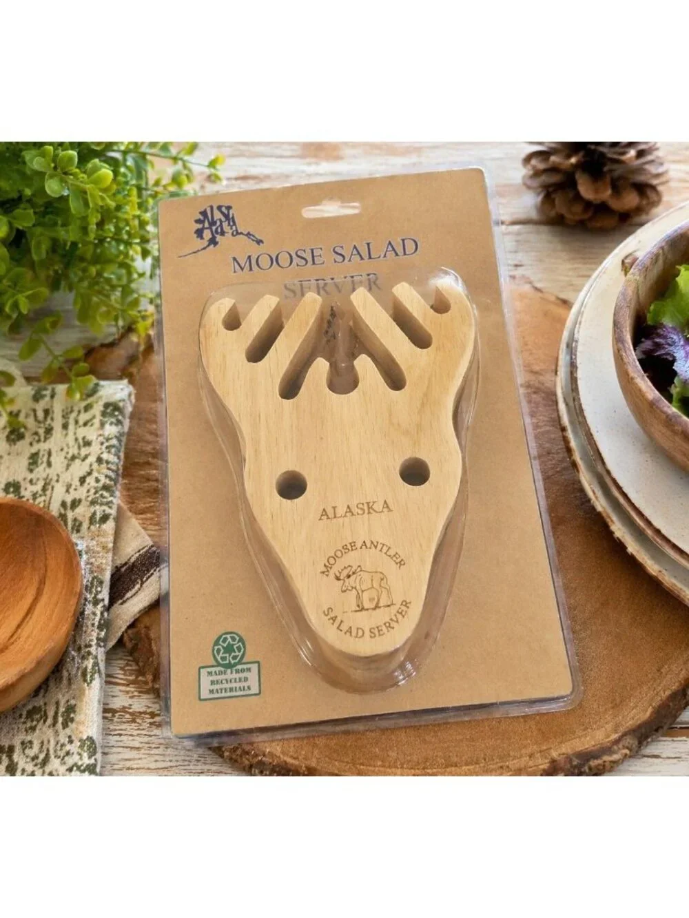 Alaska Moose Salad Server Wooden Utensil Antler Shape Novelty Kitchen Tool - Picture 5 of 5